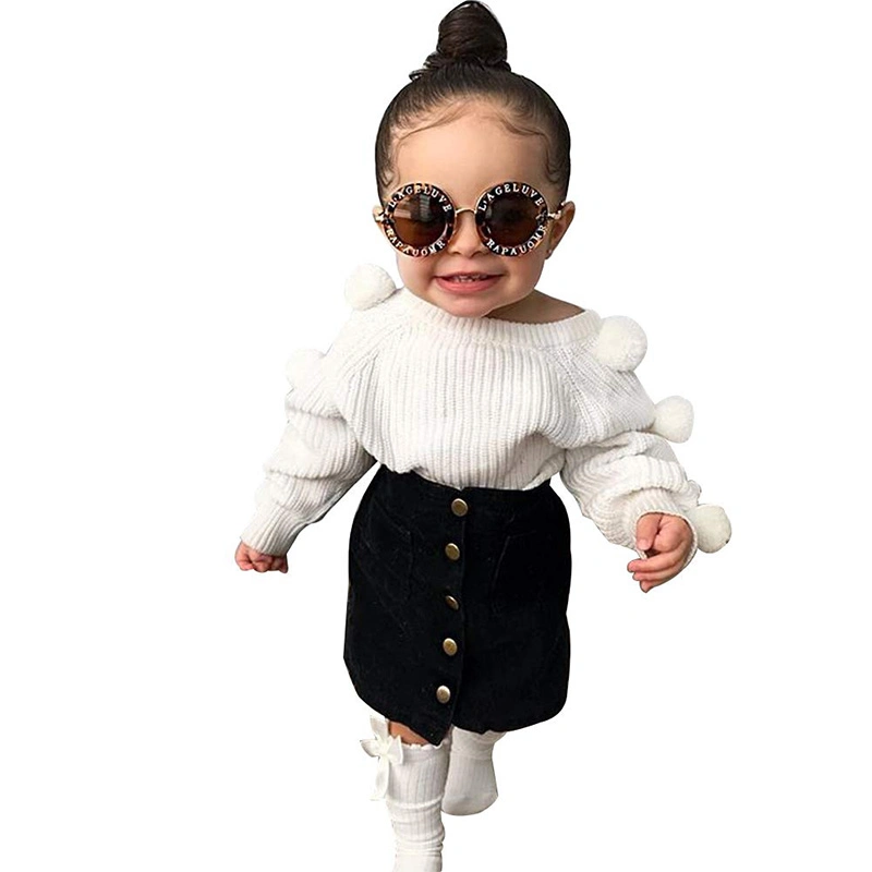 ABC Kids Kids Toddler Baby Girl Fall Winter Outfit Long Sleeve Pompom Knitted Shirt Sweater Top Button Skirt 2PCS Clothes Set